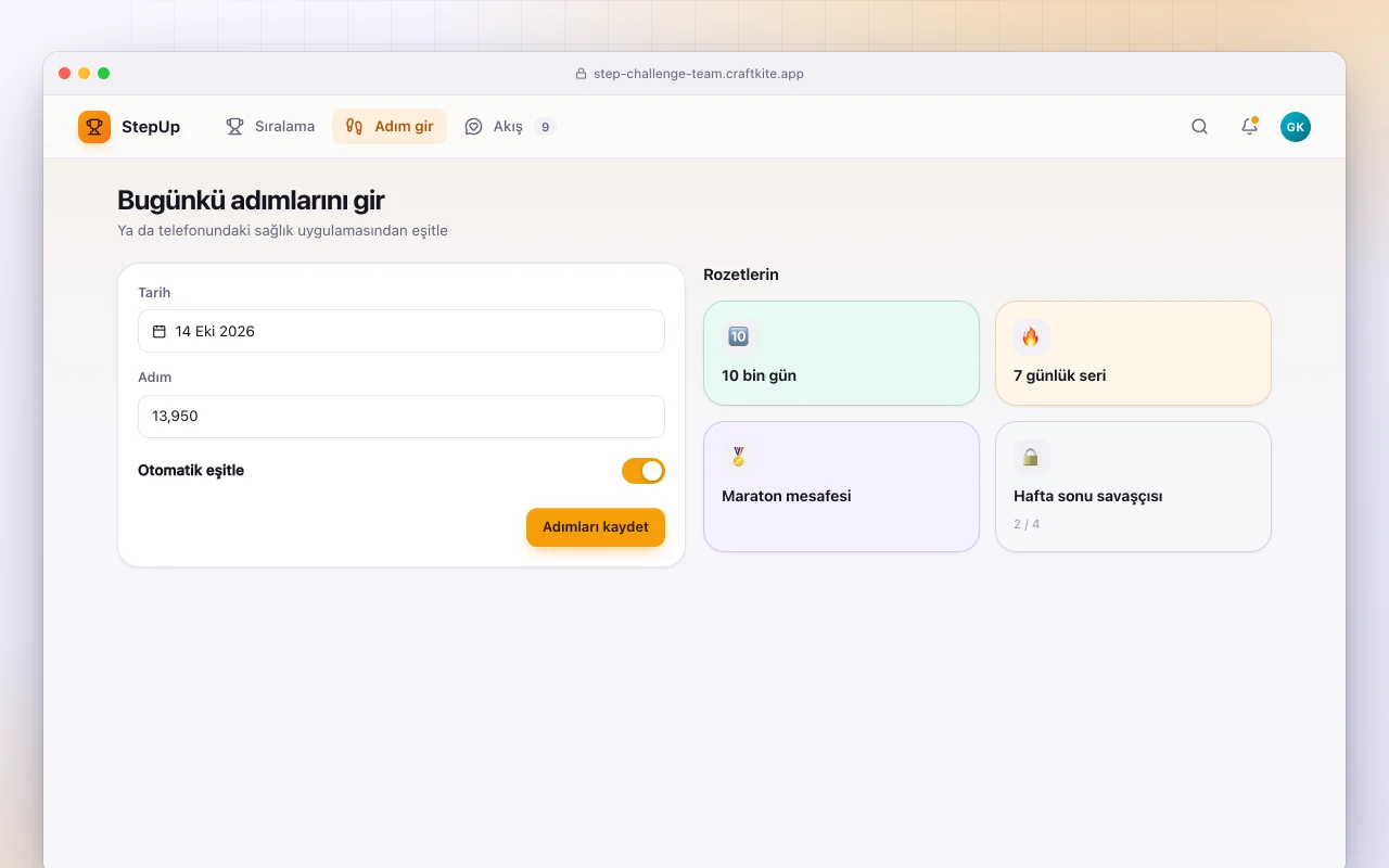 Ekip adım yarışması: Bugünkü adımlarını gir ekranı