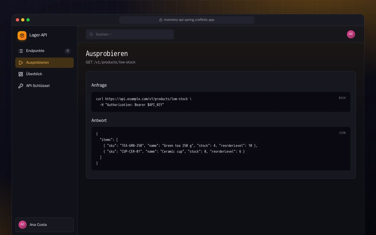 Lager-API (Spring Boot): der Bildschirm „Ausprobieren“