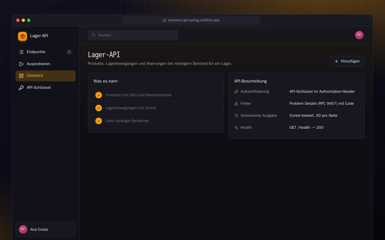 Lager-API (Spring Boot): der Bildschirm „Lager-API“