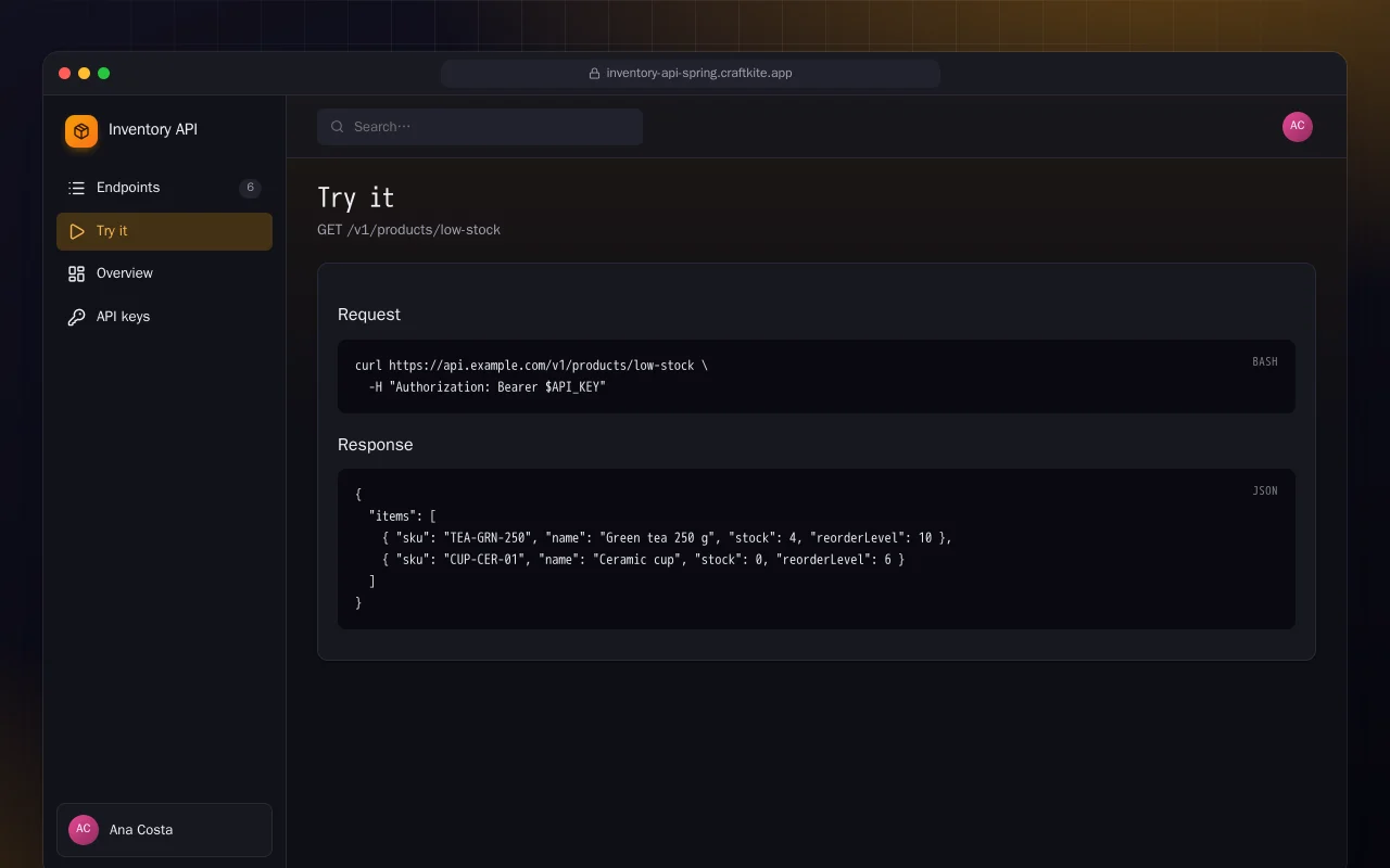 Inventory API (Spring Boot): the Try it screen