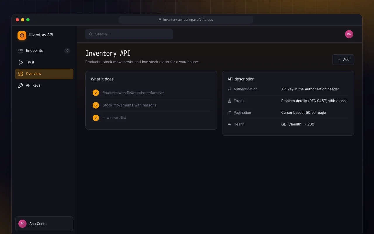 Inventory API (Spring Boot): the Inventory API screen