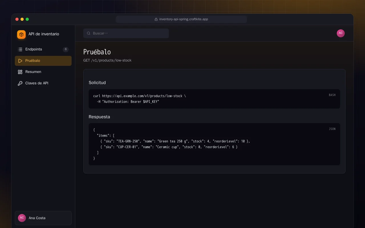 API de inventario (Spring Boot): la pantalla Pruébalo
