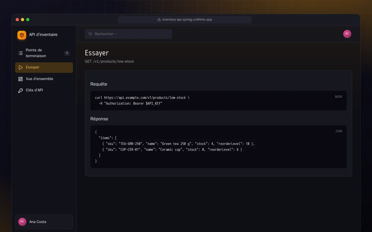 API d’inventaire (Spring Boot) : l’écran Essayer