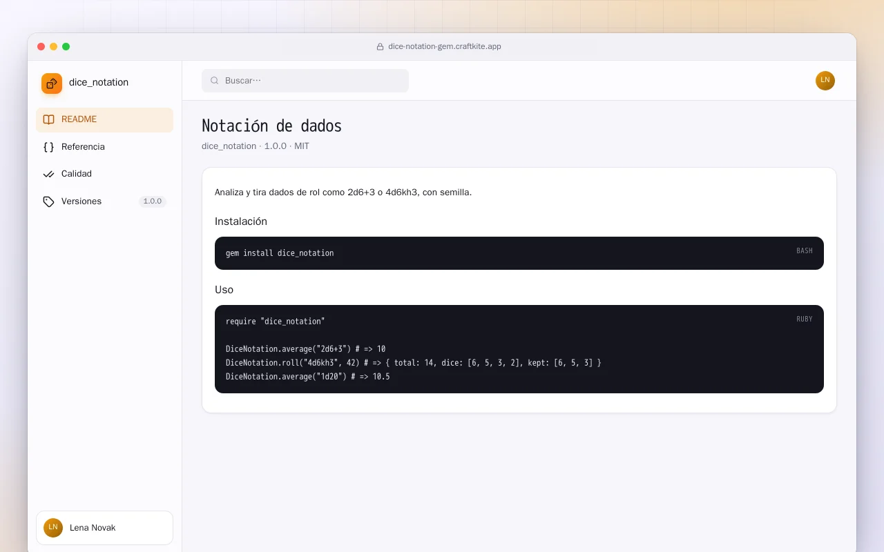 Notación de dados (Ruby): la pantalla Notación de dados