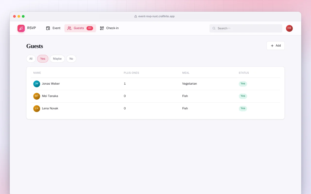 Event RSVP (Nuxt): the Guests screen