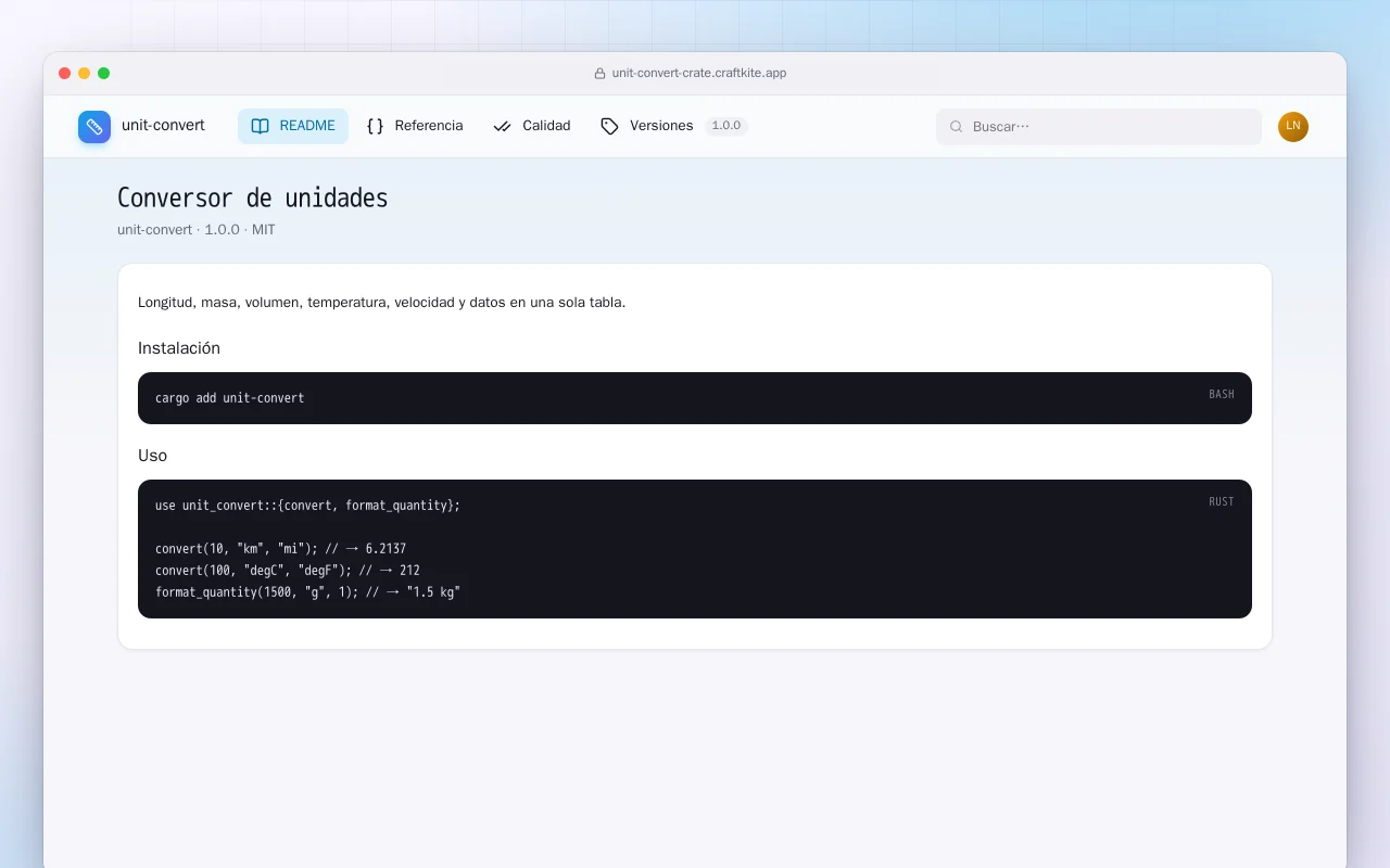 Conversor de unidades (Rust): la pantalla Conversor de unidades
