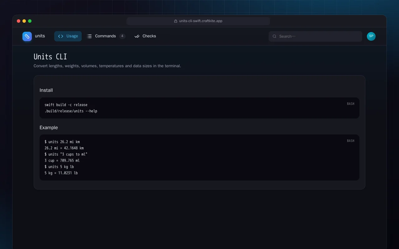 Units CLI (Swift): the Units CLI screen
