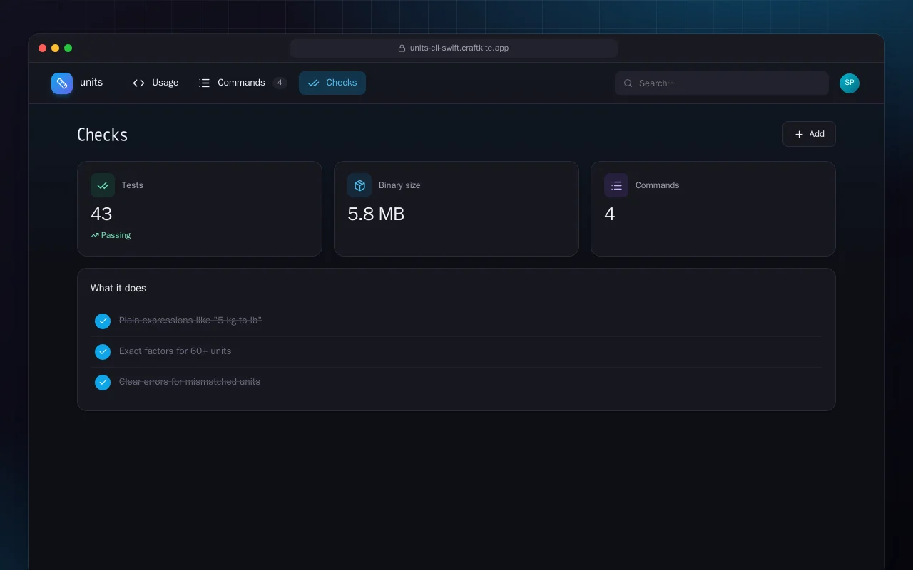 Units CLI (Swift): the Checks screen