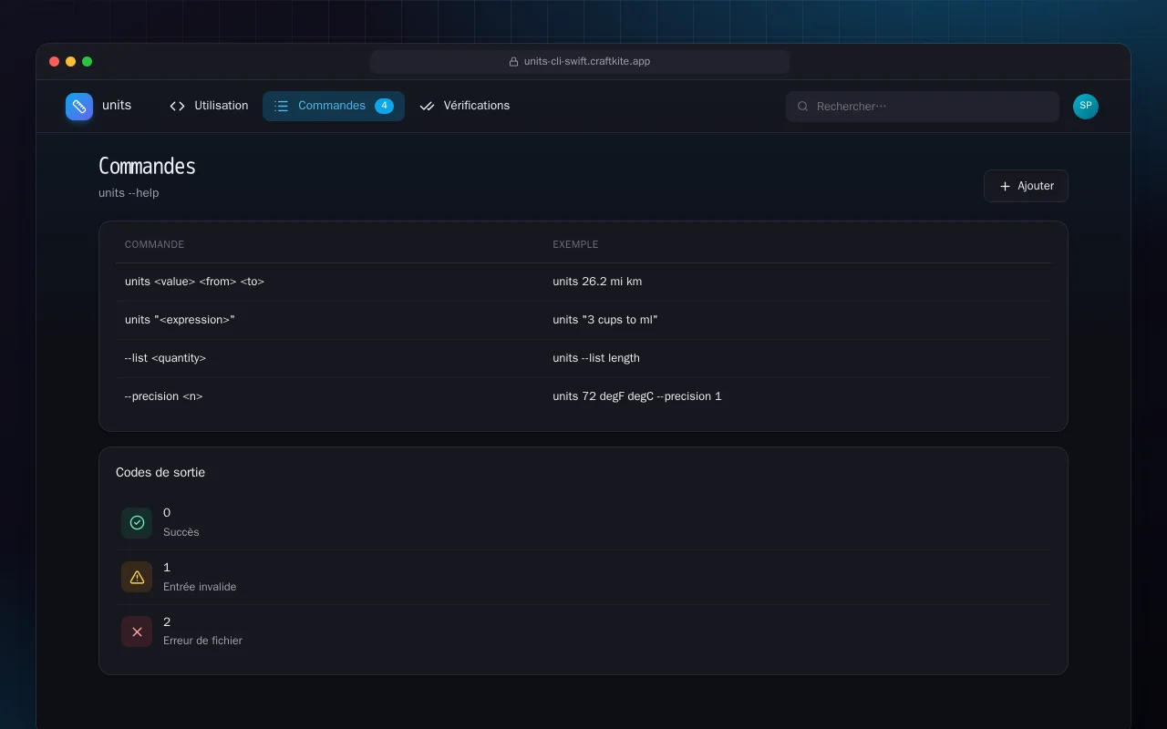 CLI d’unités (Swift) : l’écran Commandes