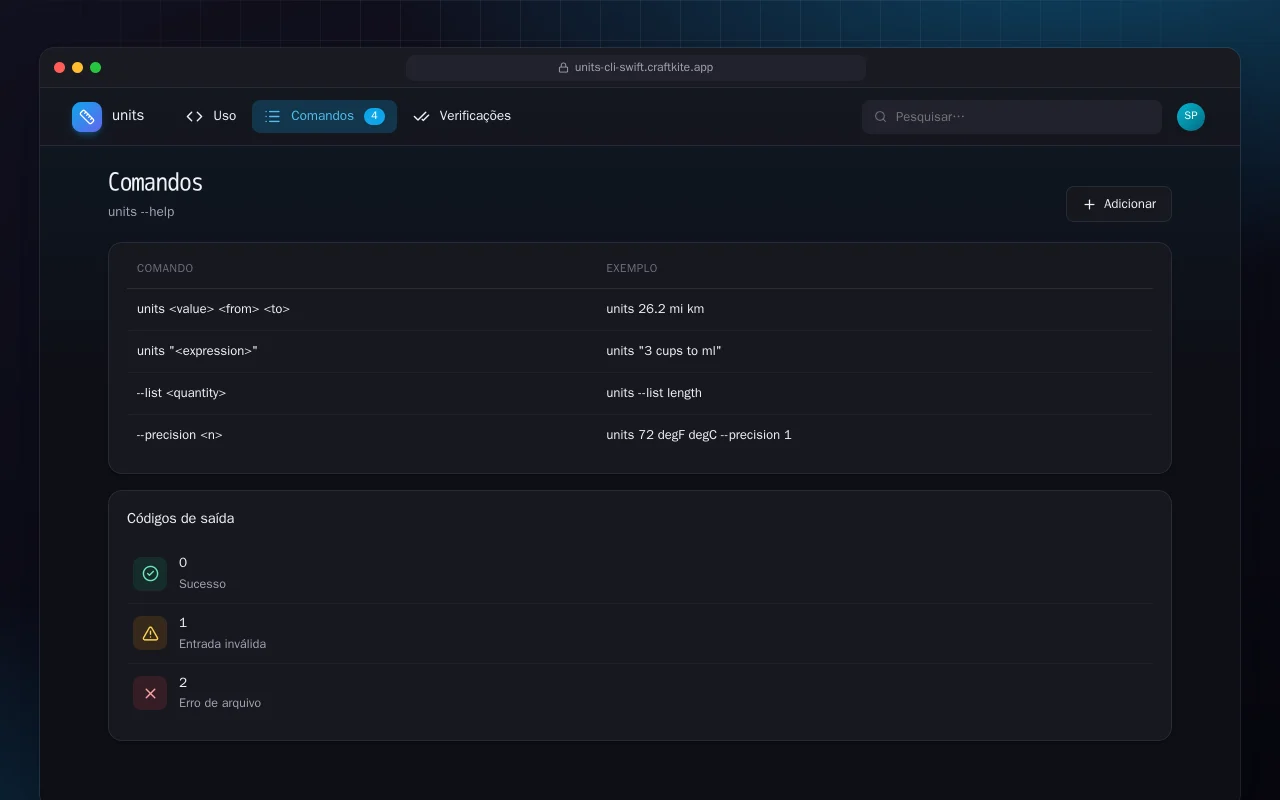 CLI de unidades (Swift): a tela Comandos