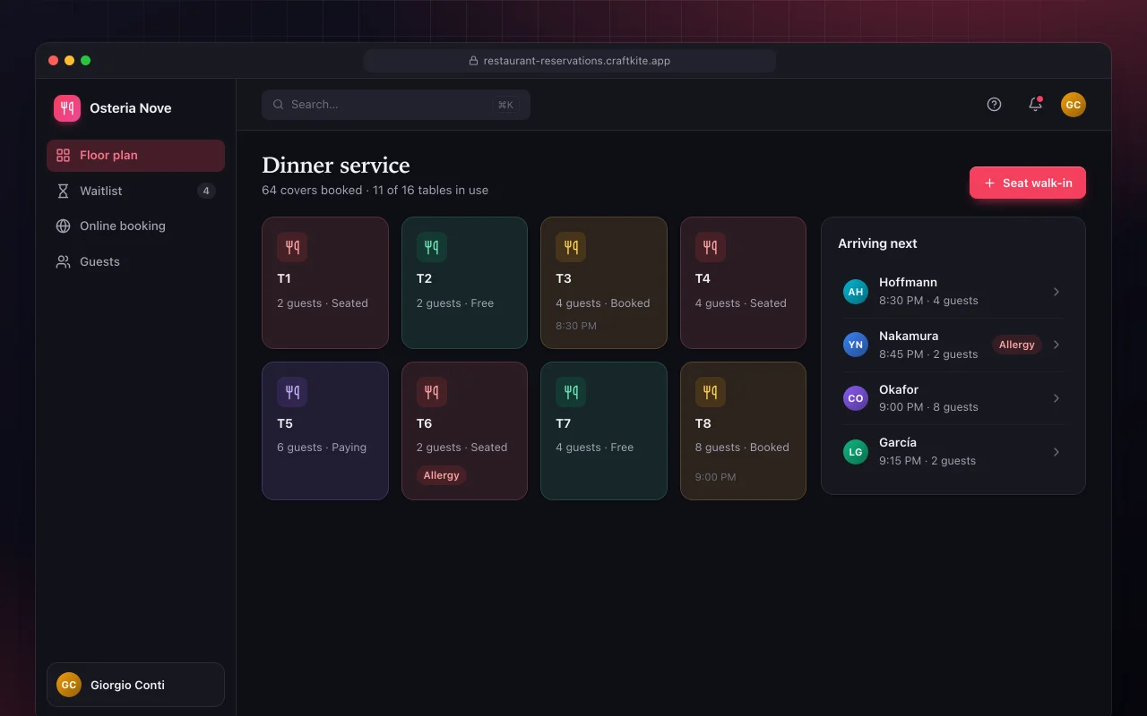 Restaurant reservations: the Dinner service screen