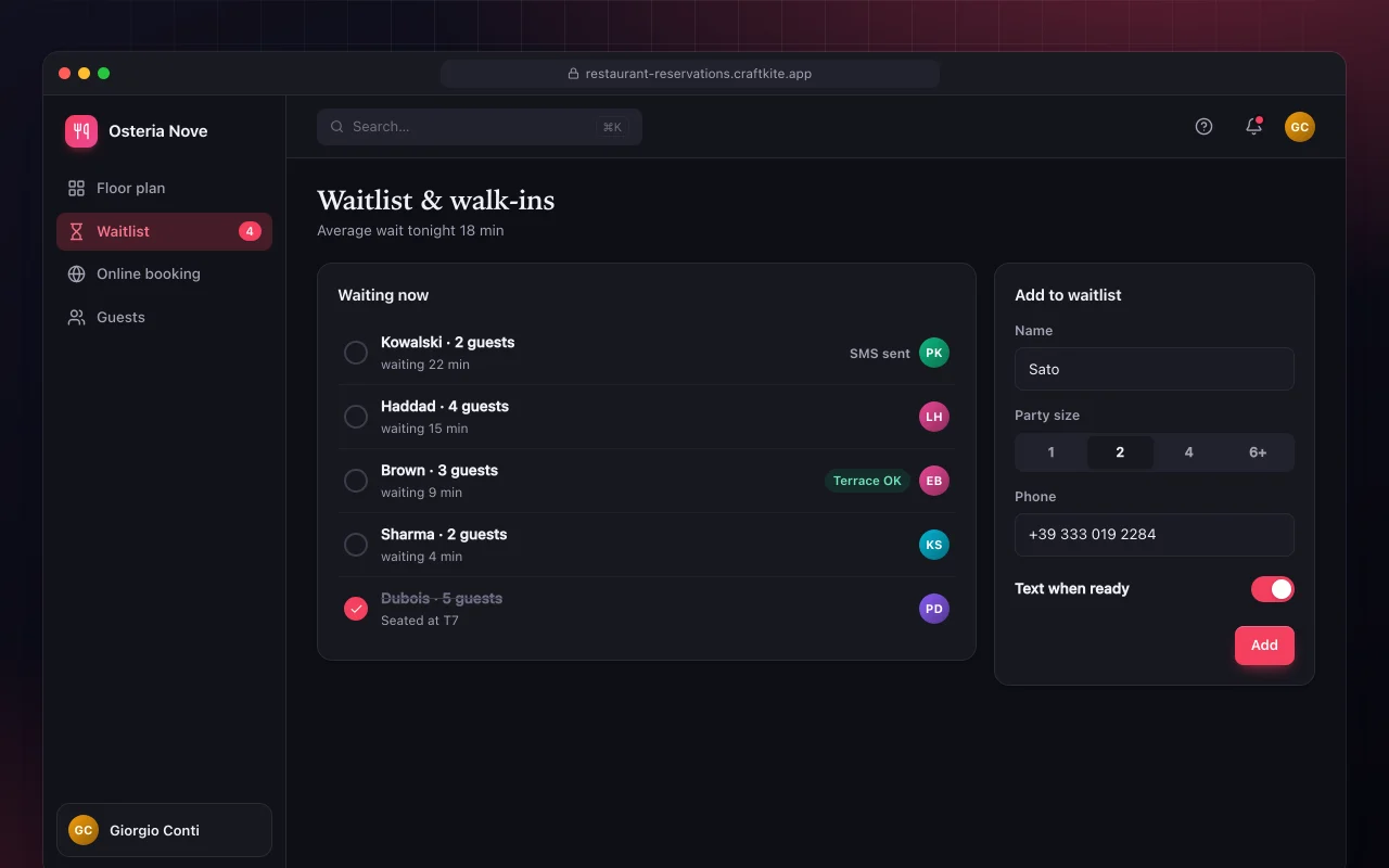 Restaurant reservations: the Waitlist & walk-ins screen