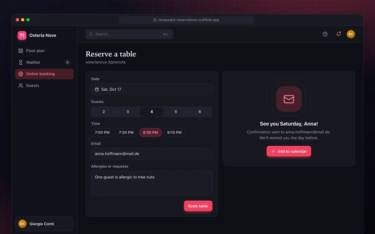 Restaurant reservations: the Reserve a table screen