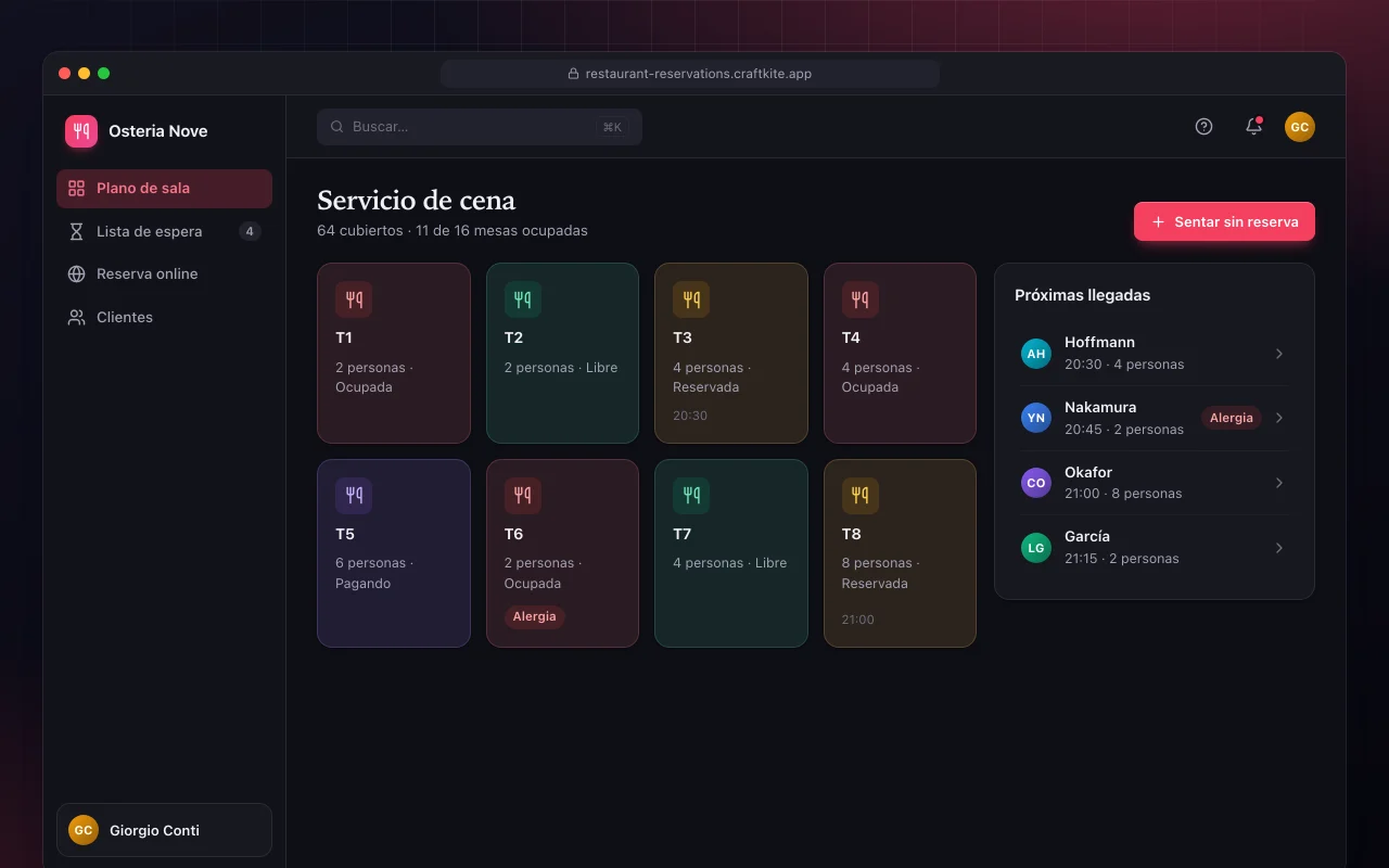 Reservas de restaurante: la pantalla Servicio de cena