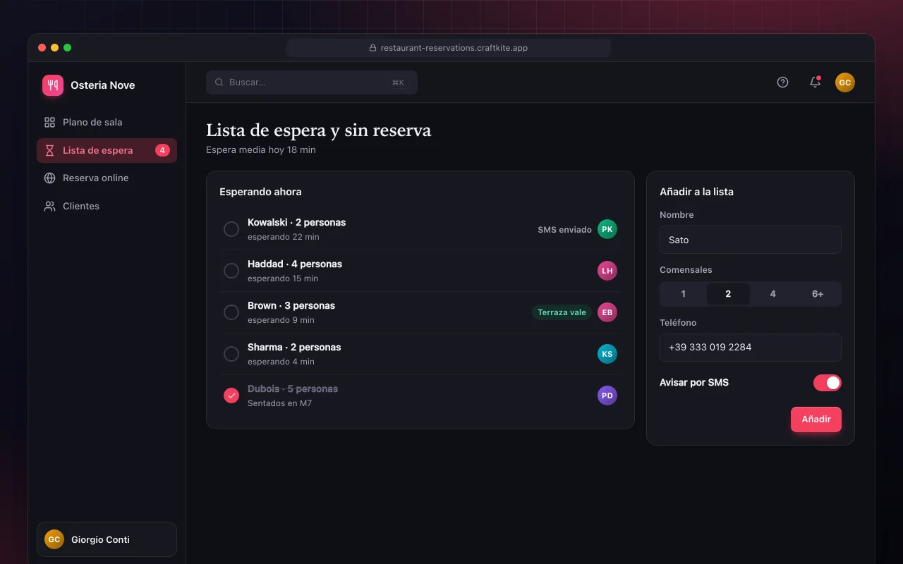 Reservas de restaurante: la pantalla Lista de espera y sin reserva