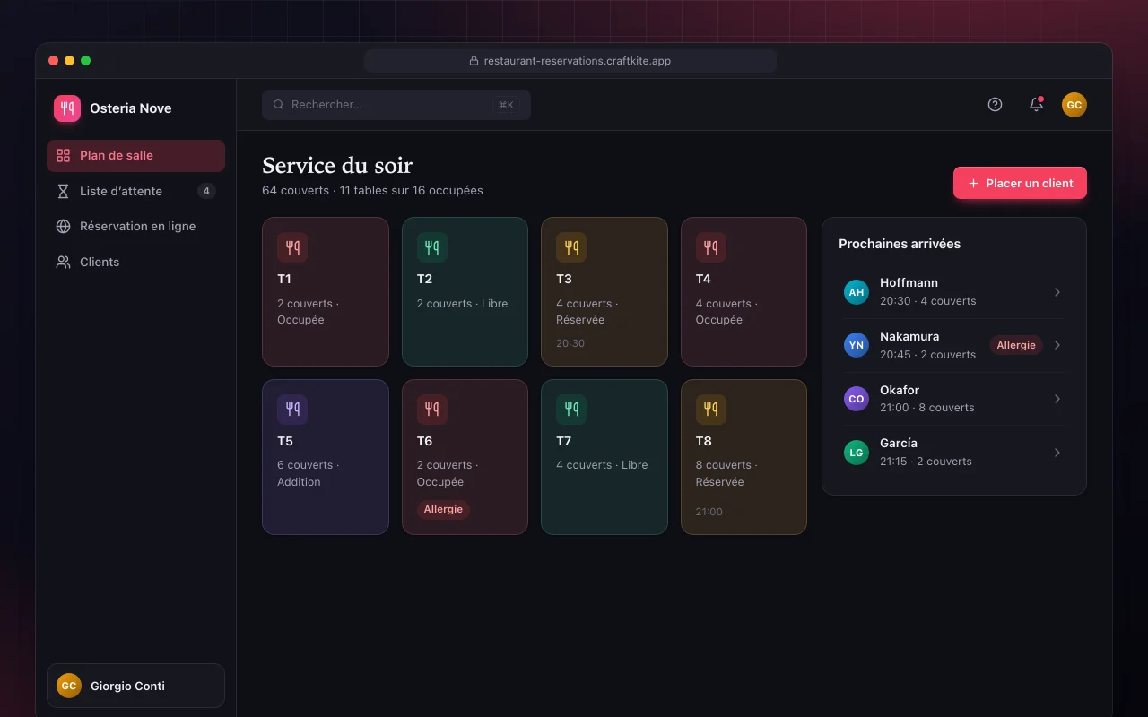 Réservations de restaurant : l’écran Service du soir