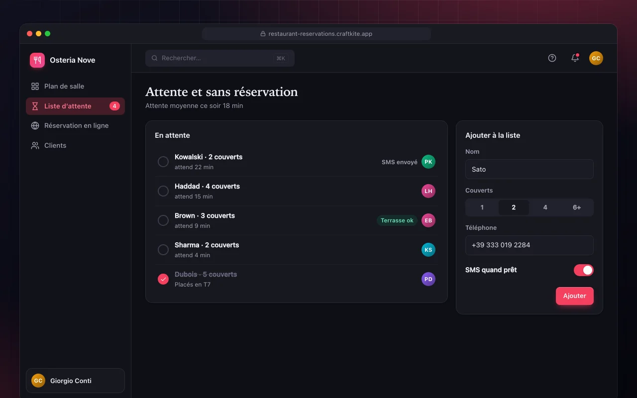Réservations de restaurant : l’écran Attente et sans réservation