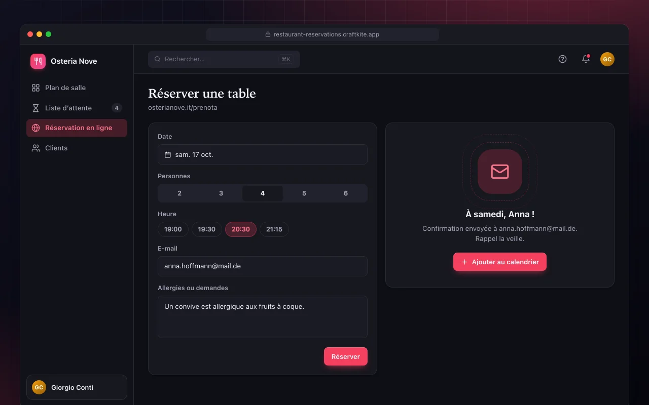 Réservations de restaurant : l’écran Réserver une table