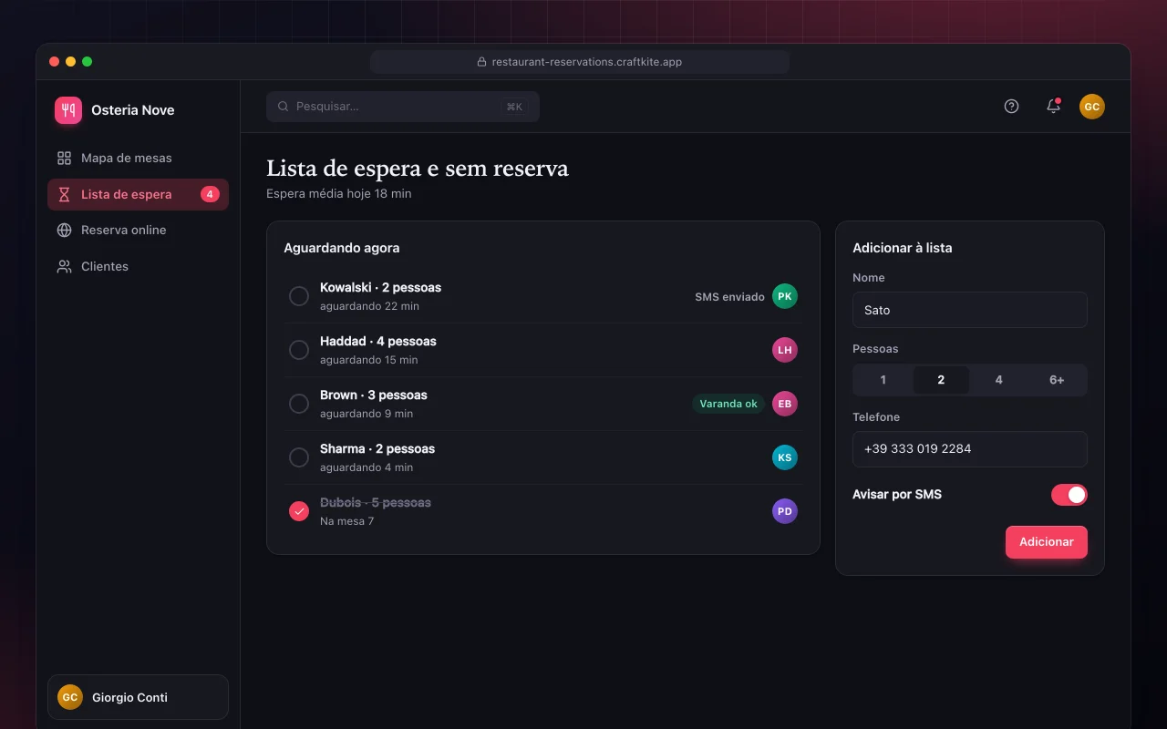 Reservas de restaurante: a tela Lista de espera e sem reserva