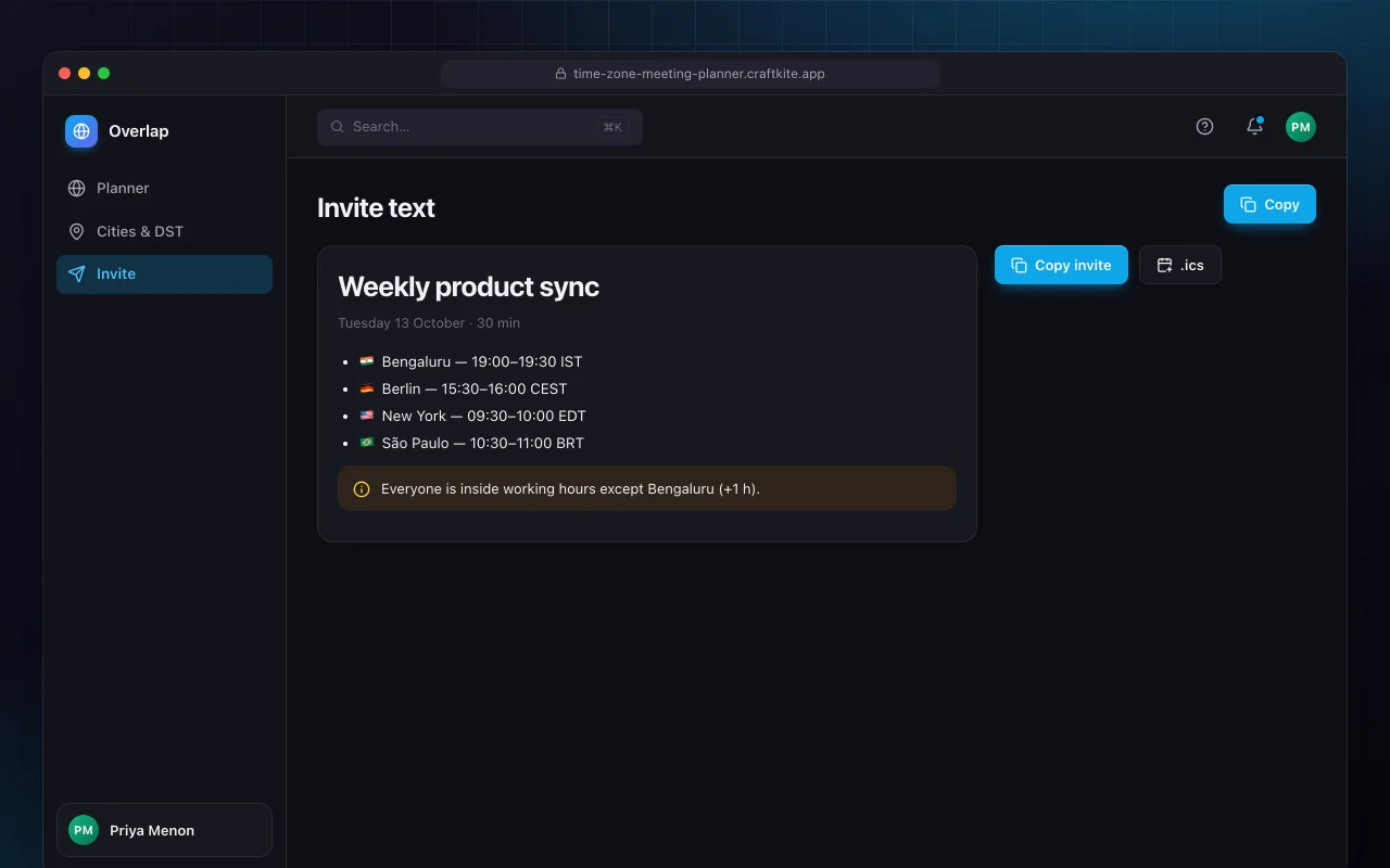 Time zone meeting planner: the Invite text screen