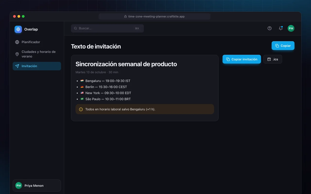 Reuniones entre zonas horarias: la pantalla Texto de invitación
