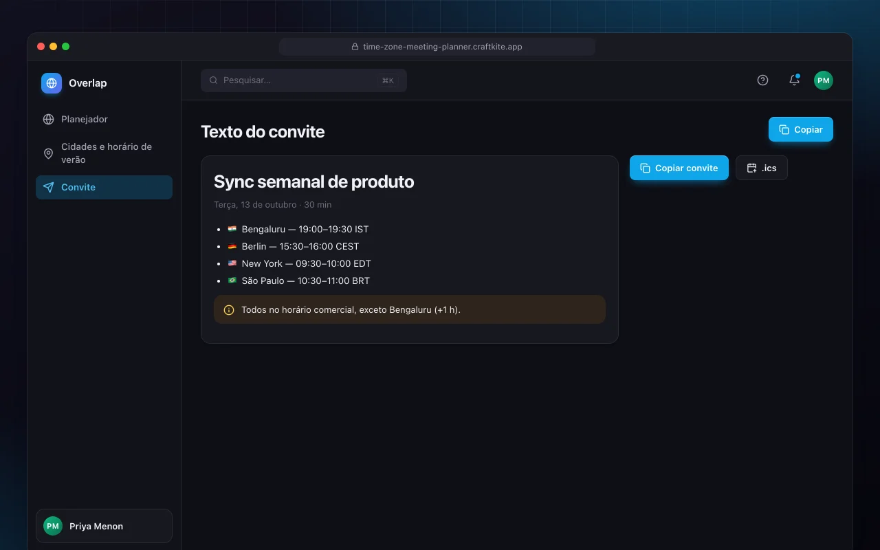 Planejador de reuniões entre fusos horários: a tela Texto do convite