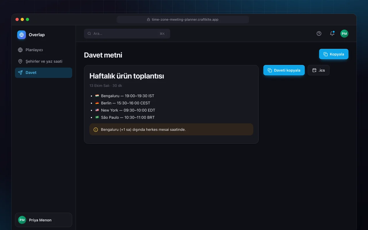 Saat dilimi toplantı planlayıcı: Davet metni ekranı