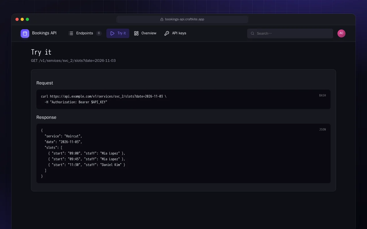 Bookings API: the Try it screen