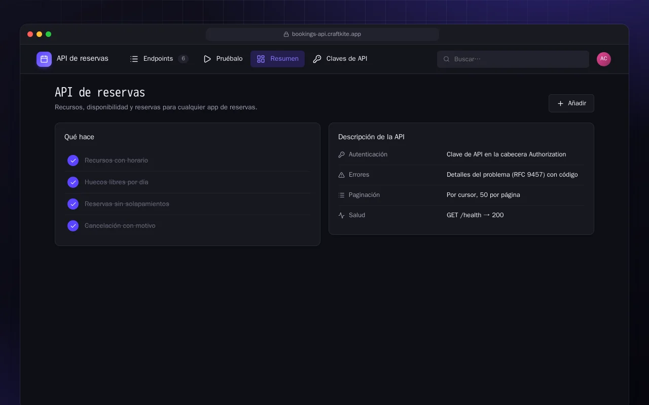 API de reservas: la pantalla API de reservas