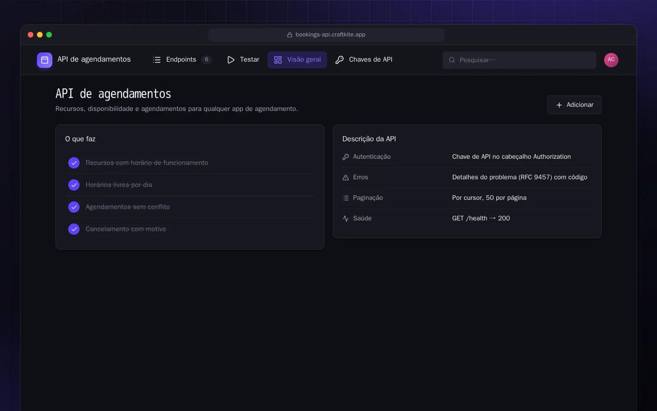 API de agendamentos: a tela API de agendamentos