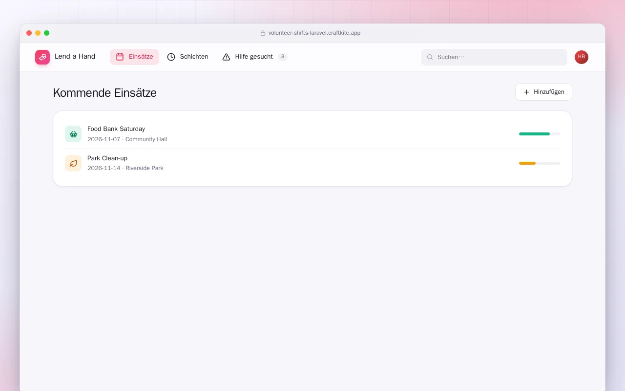 Ehrenamtliche Schichten (Laravel): der Bildschirm „Kommende Einsätze“