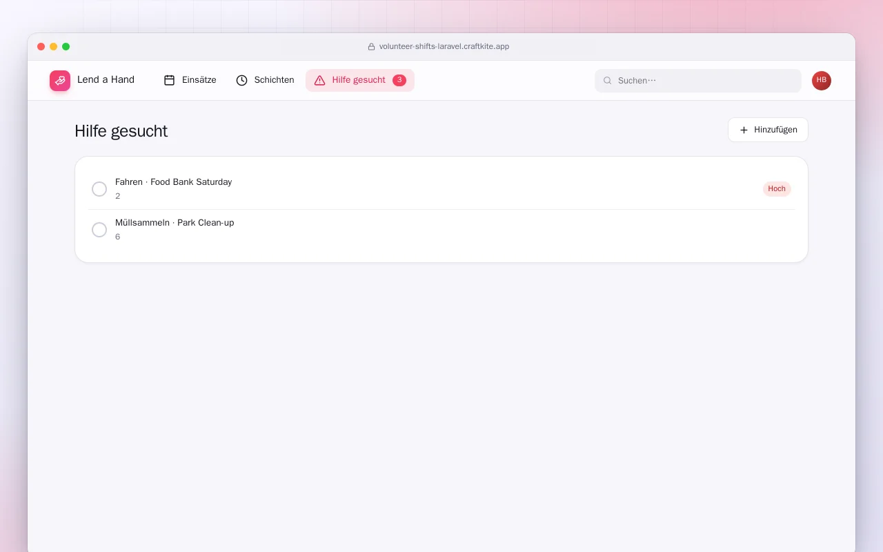 Ehrenamtliche Schichten (Laravel): der Bildschirm „Hilfe gesucht“