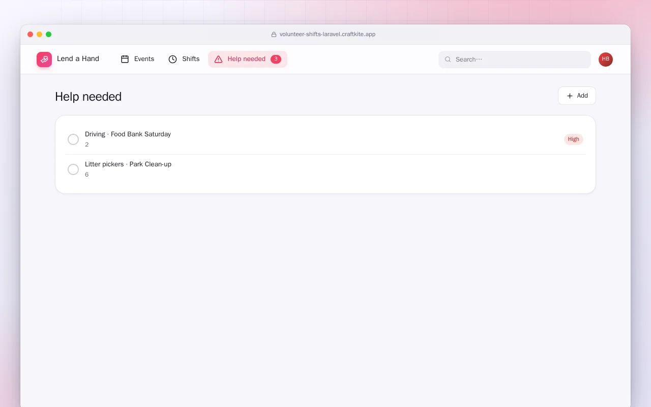 Volunteer Shifts (Laravel): the Help needed screen
