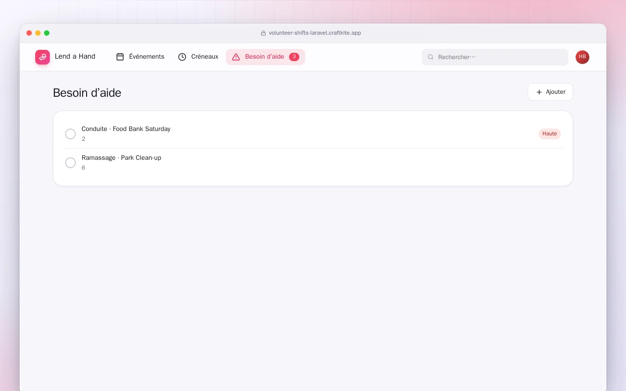 Créneaux de bénévolat (Laravel) : l’écran Besoin d’aide