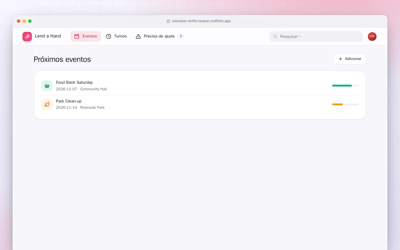 Turnos de voluntariado (Laravel): a tela Próximos eventos