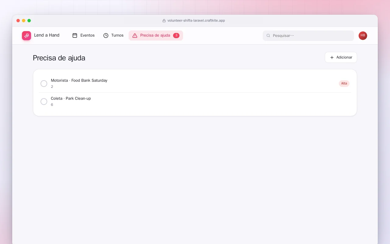 Turnos de voluntariado (Laravel): a tela Precisa de ajuda
