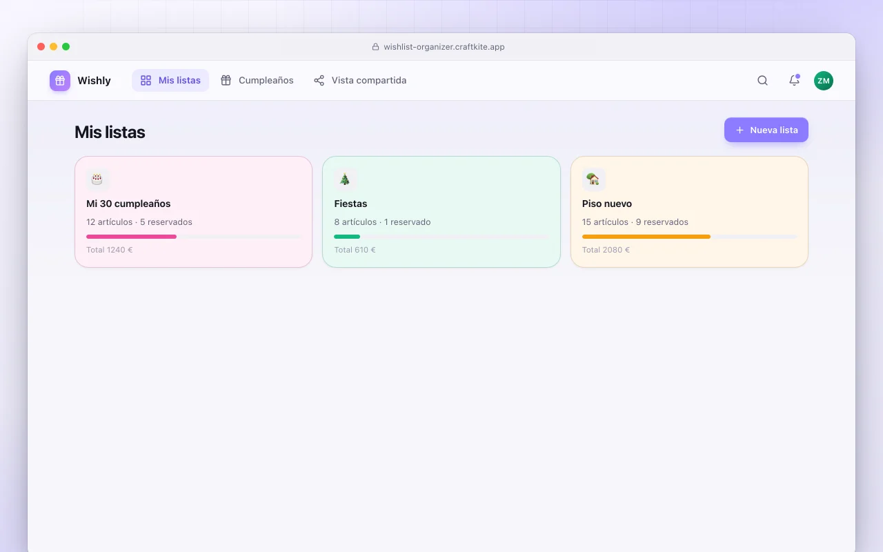Organizador de listas de deseos: la pantalla Mis listas
