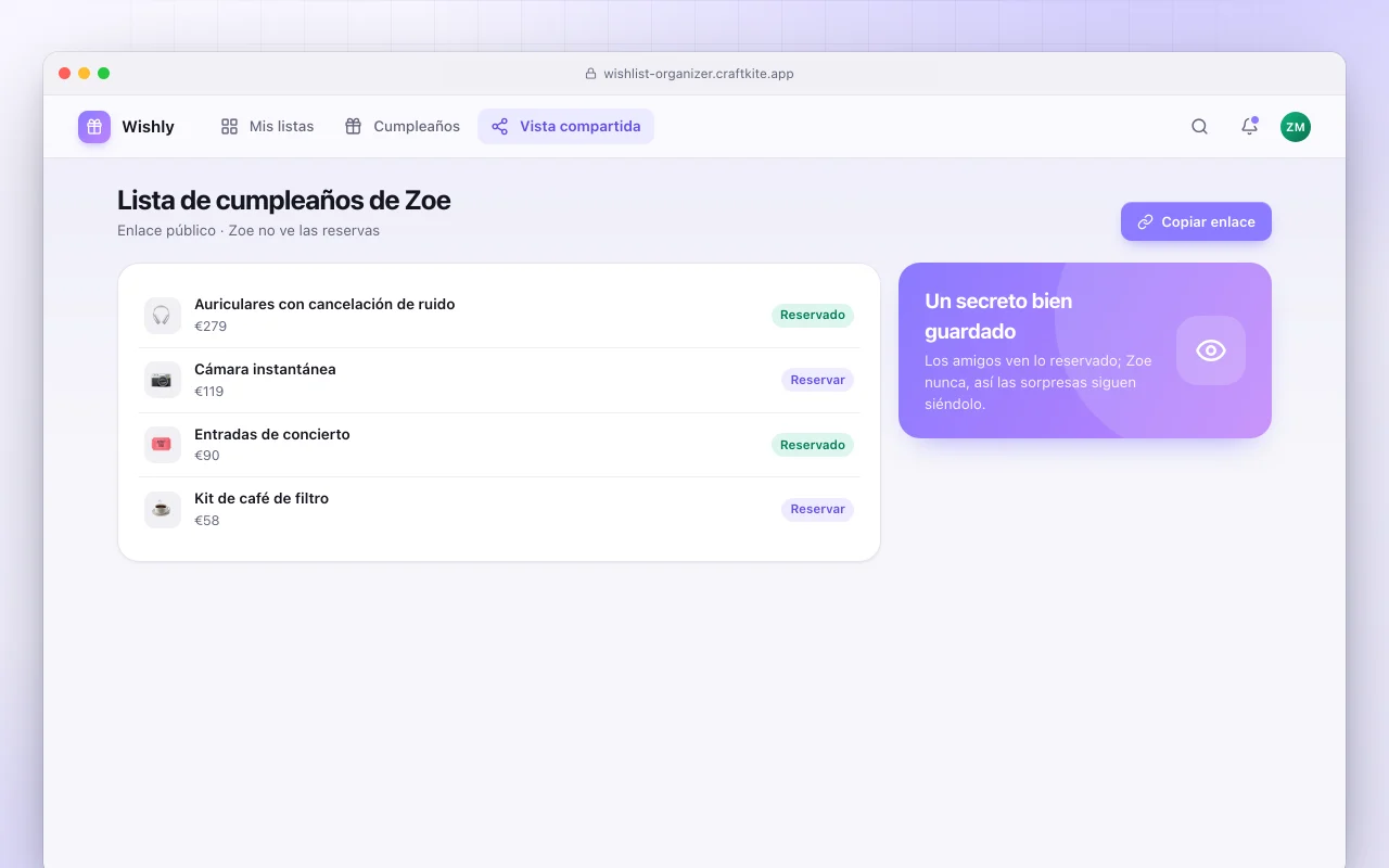 Organizador de listas de deseos: la pantalla Lista de cumpleaños de Zoe