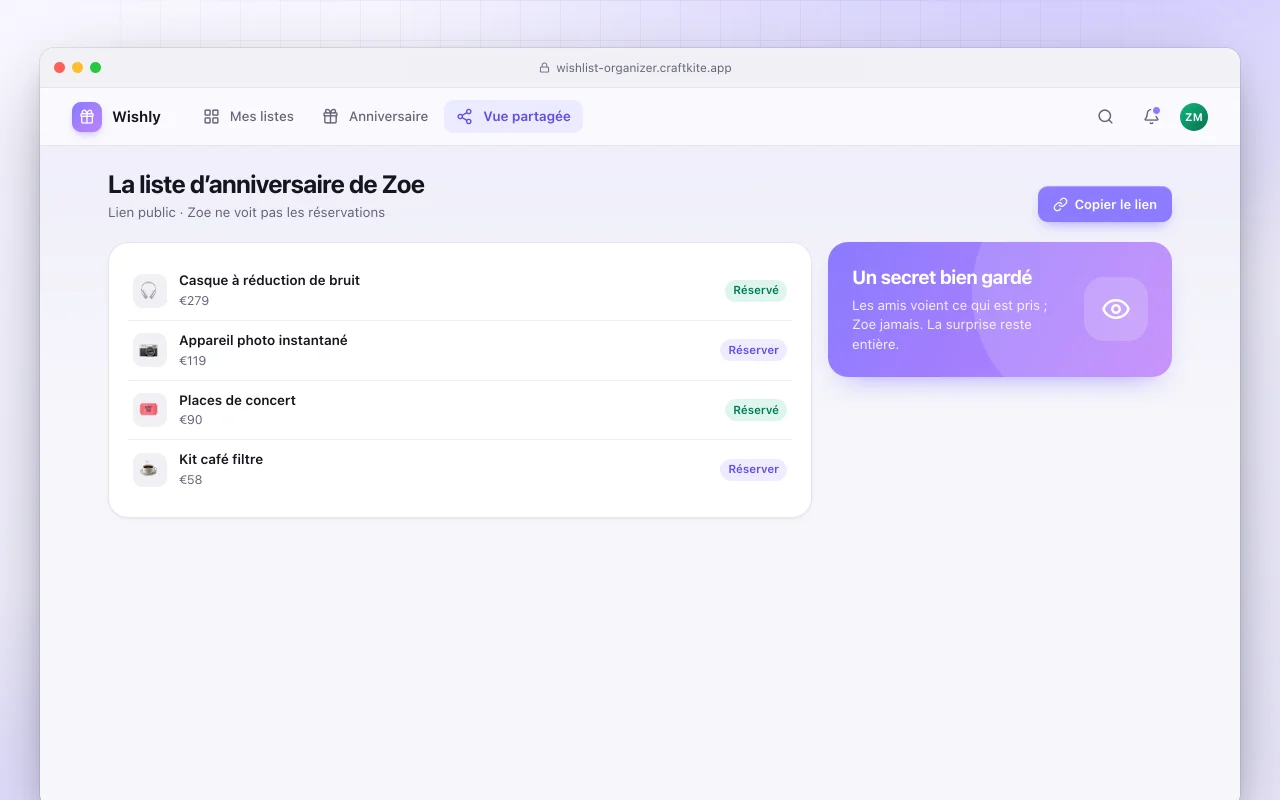 Organiseur de listes de souhaits : l’écran La liste d’anniversaire de Zoe