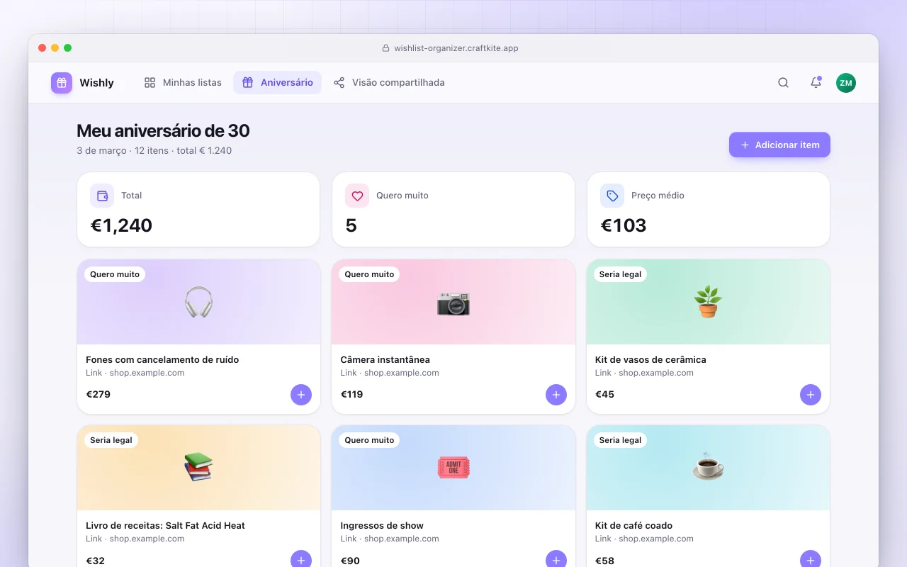 Organizador de lista de desejos: a tela Meu aniversário de 30
