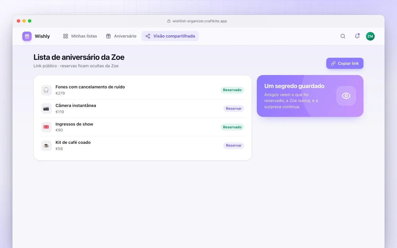 Organizador de lista de desejos: a tela Lista de aniversário da Zoe