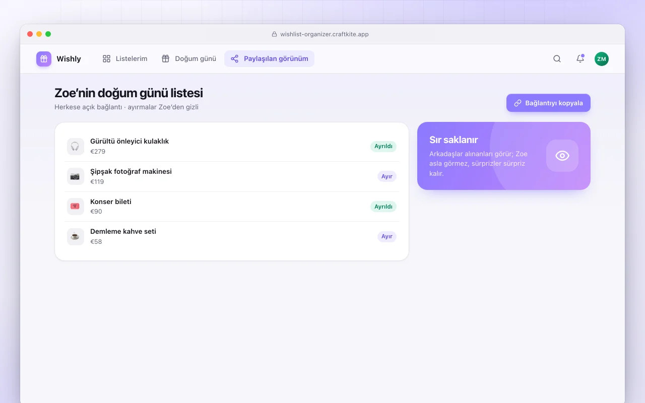 İstek listesi düzenleyici: Zoe’nin doğum günü listesi ekranı
