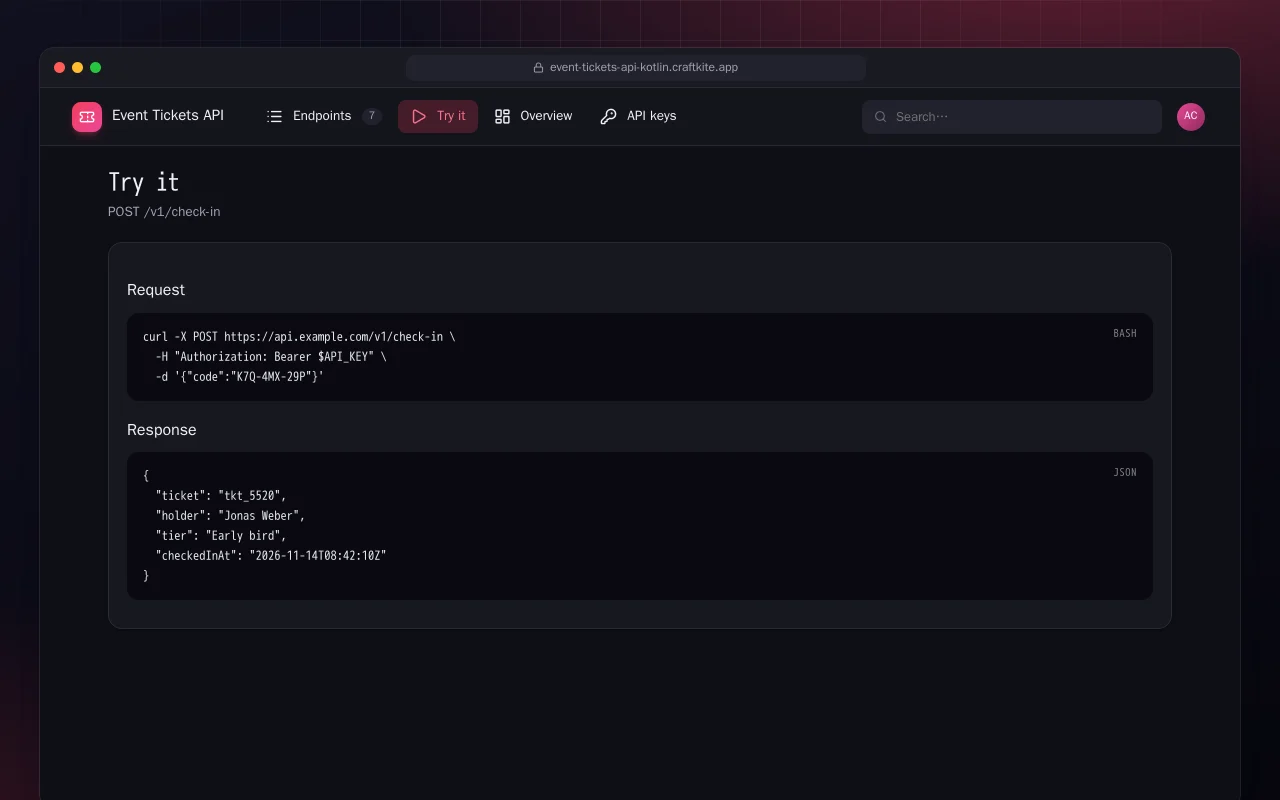 Event Tickets API (Kotlin + Spring Boot): the Try it screen