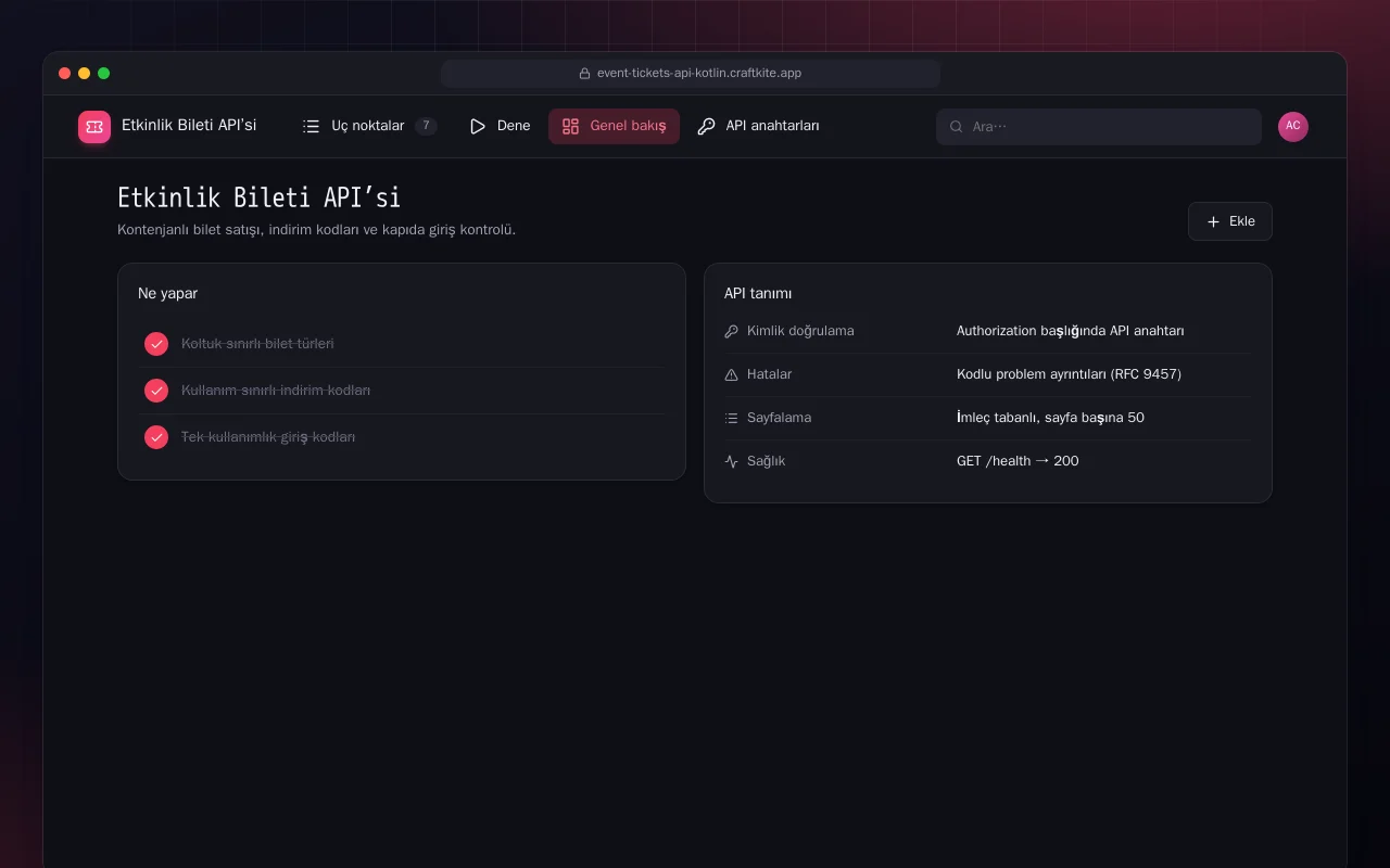 Etkinlik Bileti API’si (Kotlin + Spring Boot): Etkinlik Bileti API’si ekranı