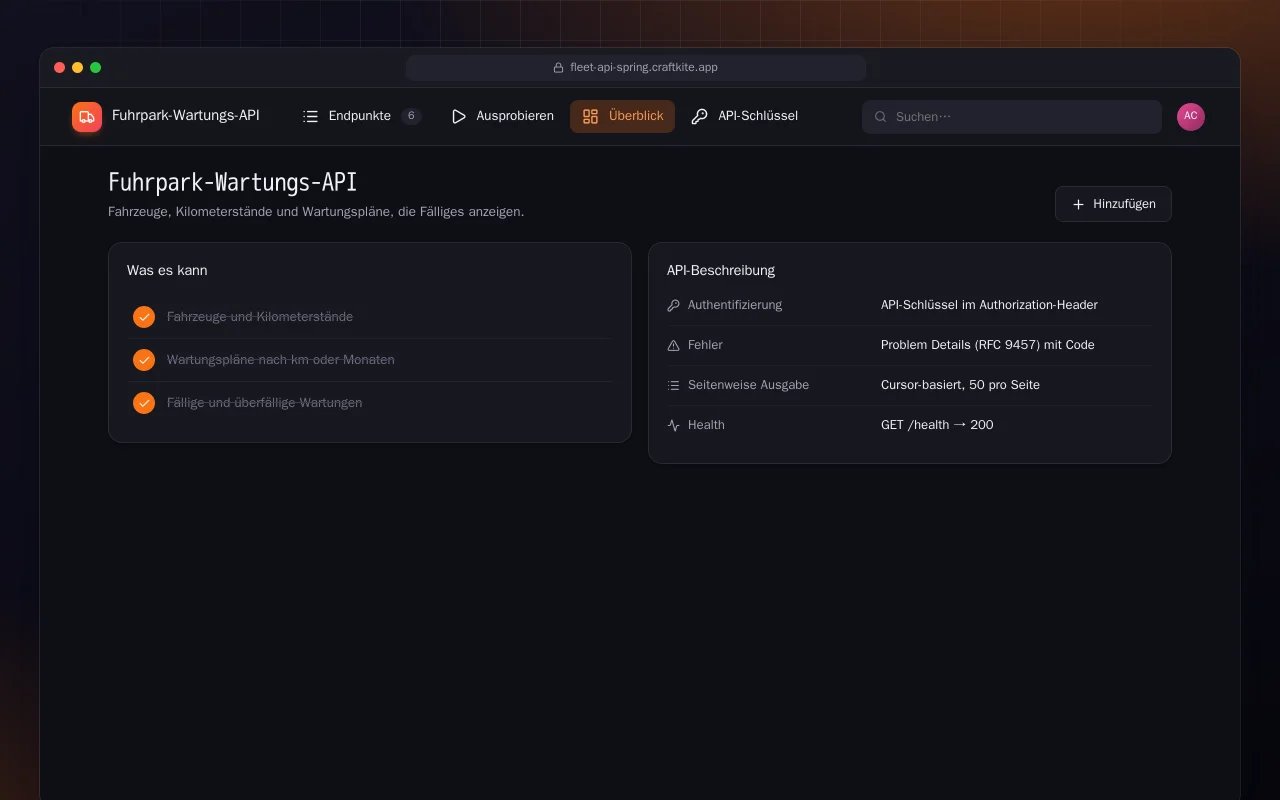 Fuhrpark-Wartungs-API (Spring Boot): der Bildschirm „Fuhrpark-Wartungs-API“