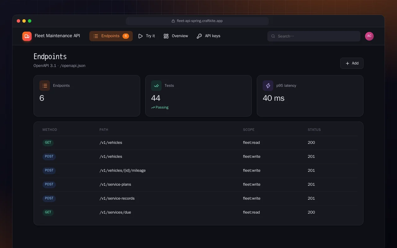 Fleet Maintenance API (Spring Boot): the Endpoints screen