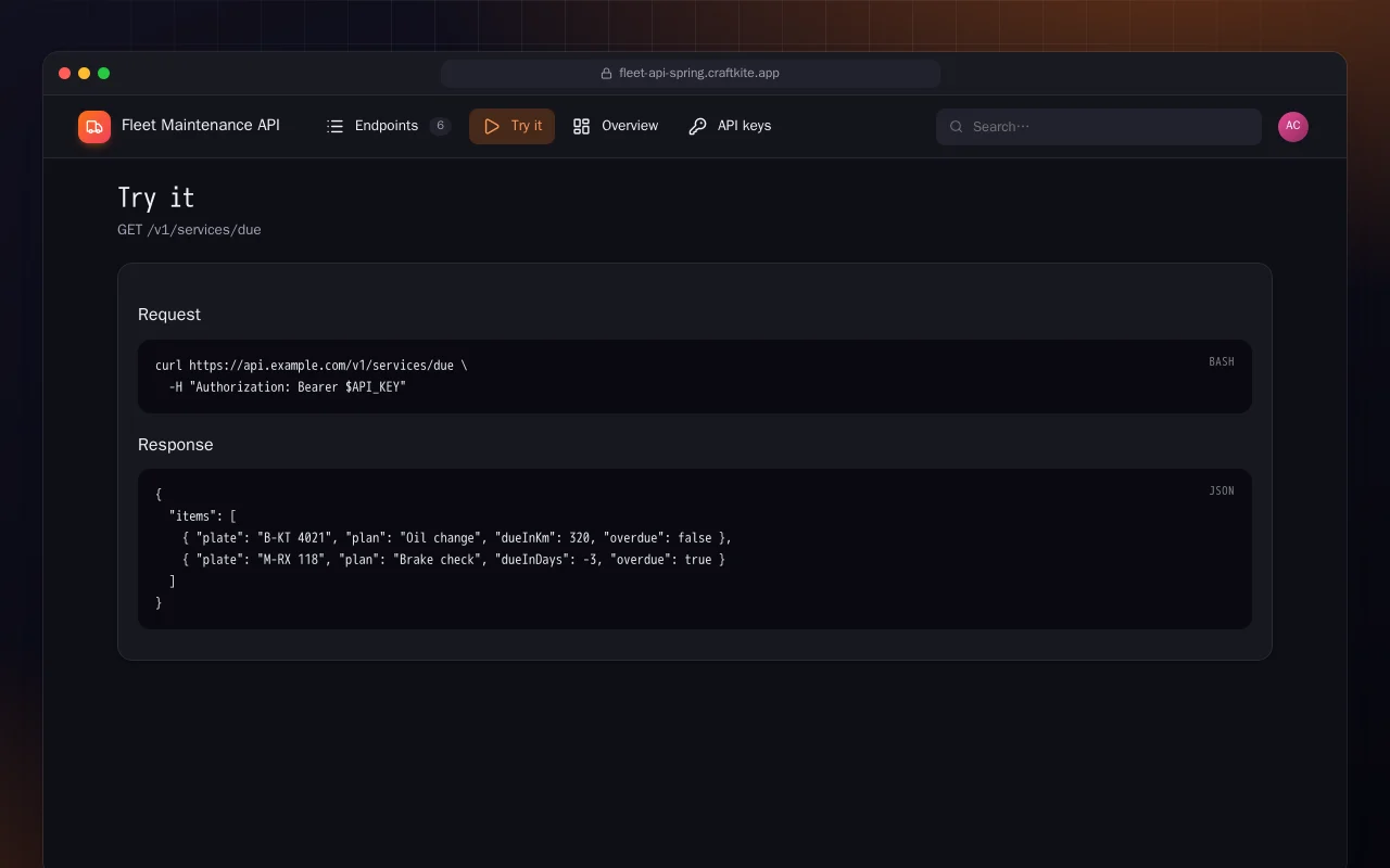 Fleet Maintenance API (Spring Boot): the Try it screen
