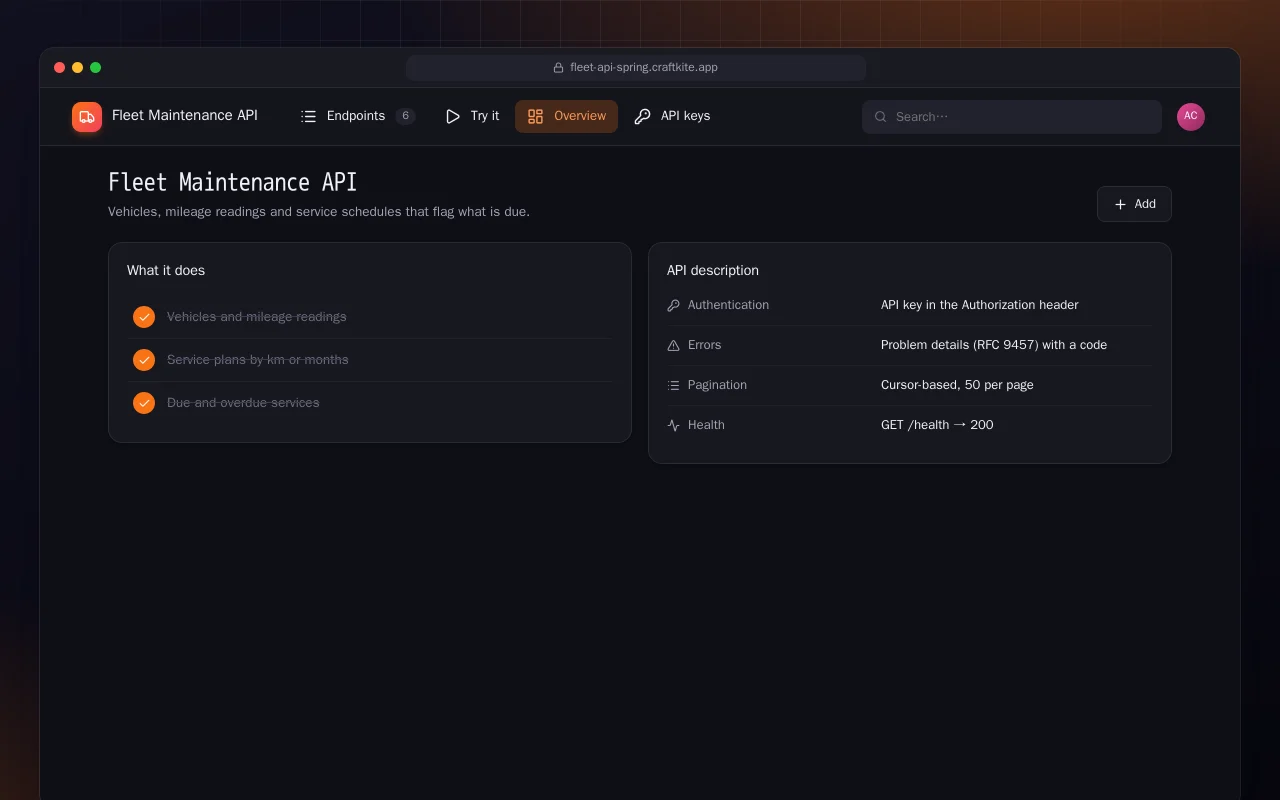 Fleet Maintenance API (Spring Boot): the Fleet Maintenance API screen