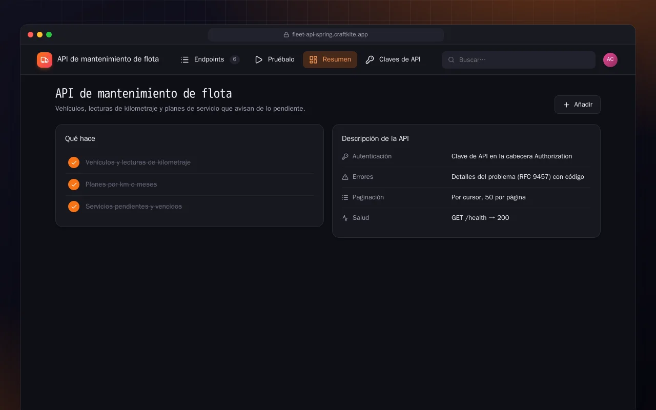 API de mantenimiento de flota (Spring Boot): la pantalla API de mantenimiento de flota