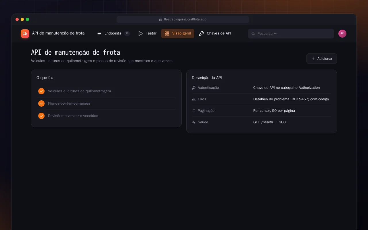 API de manutenção de frota (Spring Boot): a tela API de manutenção de frota